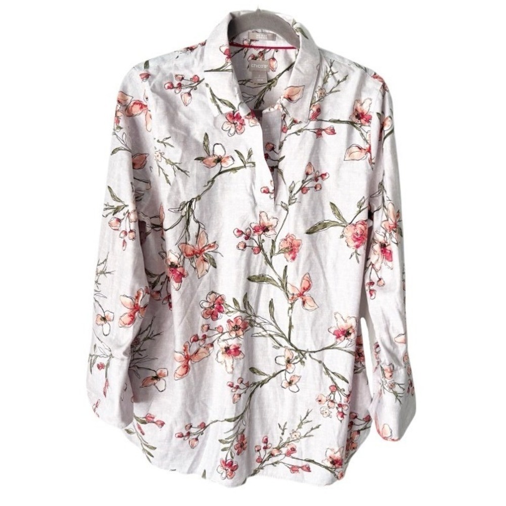 Chico's No-Iron Floral Cherry Blossom Print‎ Stretch Tunic Size Large Office